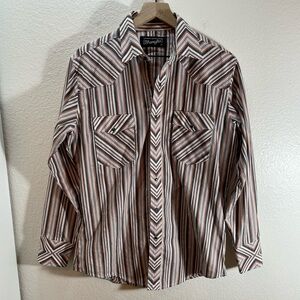 Vintage Wrangler EUC Striped Metallic Peach Charcoal Snap Shirt Mens Size M